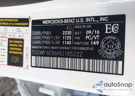 2017 Mercedes-Benz Amg C 43 4Matic z USA, uszkodzony, nr VIN 55SWF6EB6HU185222